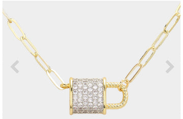 CZ Lock Necklacew/Paper clip chain