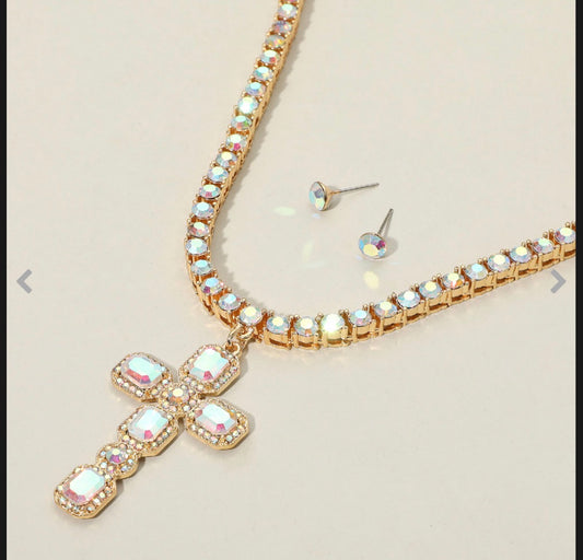 Stone Embellished Cross Pendant w/Chunky Studded Necklace