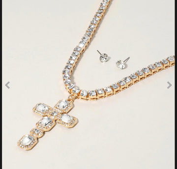Stone Embellished Cross Pendant w/Chunky Studded Necklace