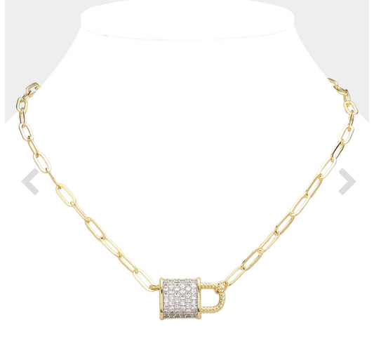 CZ Lock Necklacew/Paper clip chain