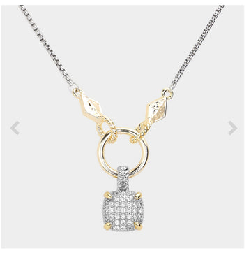 Two Tone CZ stone Paved Square Pendant Necklace